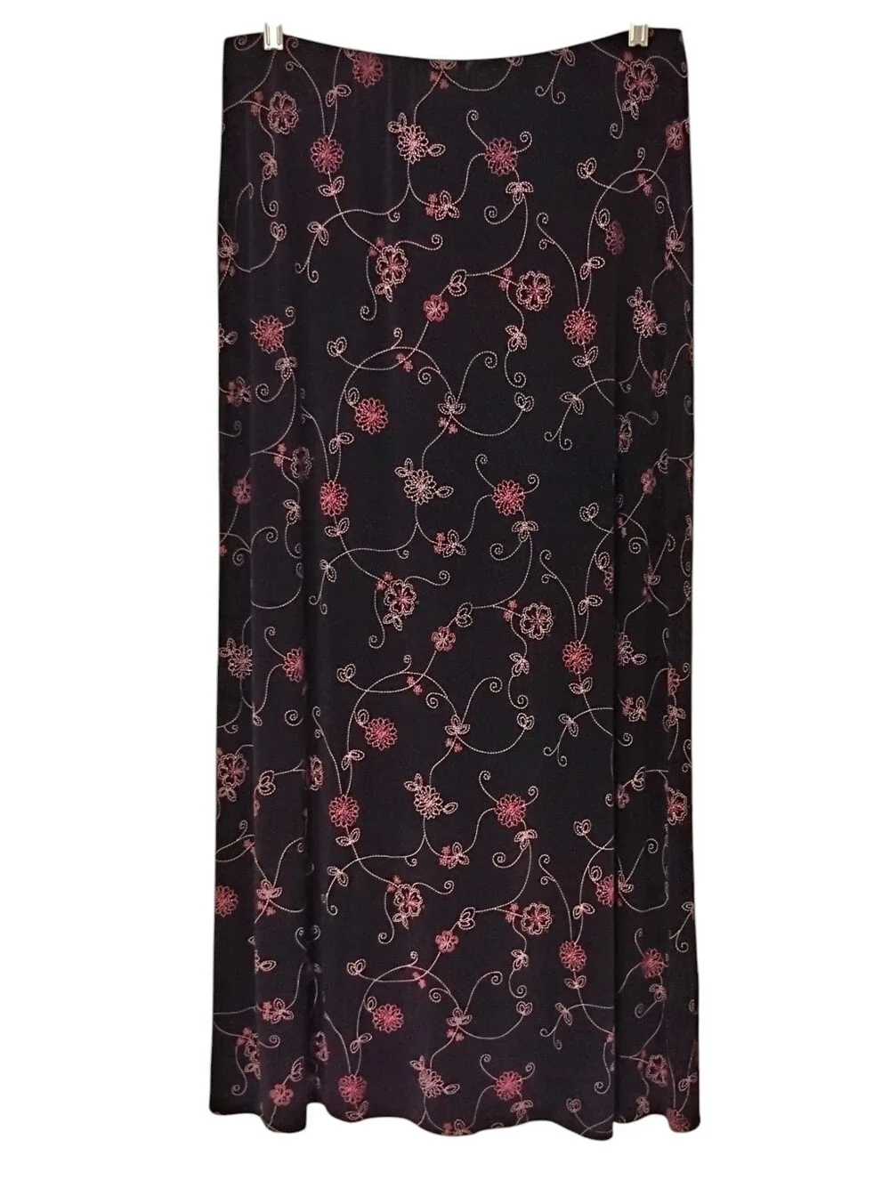 Slinky Maxi Skirt Vintage Black Pink Floral Faux Embroidery Button Front XL